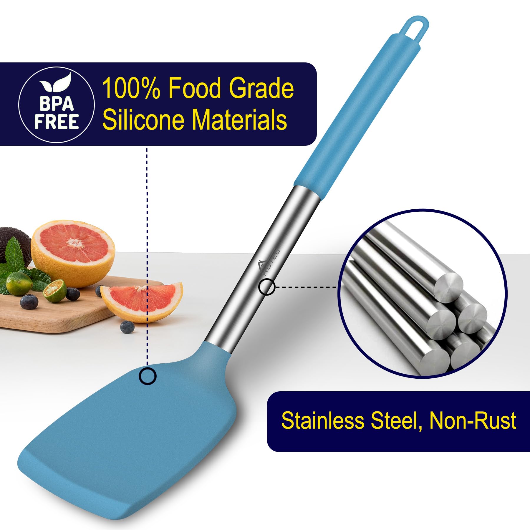 HOTEC heat-resistant spatula in blue, withstands up to 600°F.