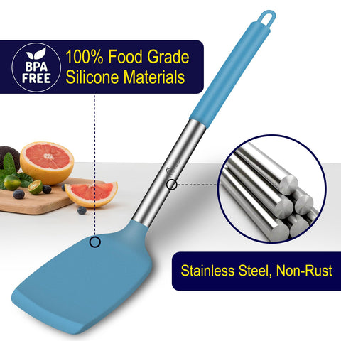 HOTEC heat-resistant spatula in blue, withstands up to 600°F.