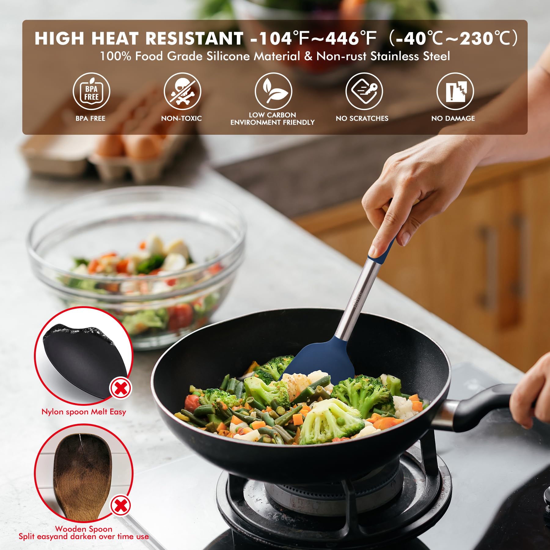 HOTEC heat-resistant silicone head protects nonstick cookware during cooking.