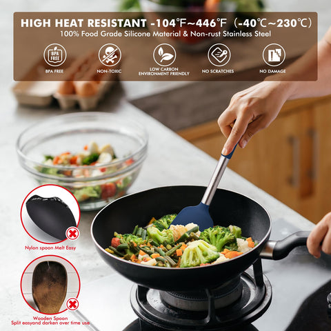 HOTEC heat-resistant silicone head protects nonstick cookware during cooking.