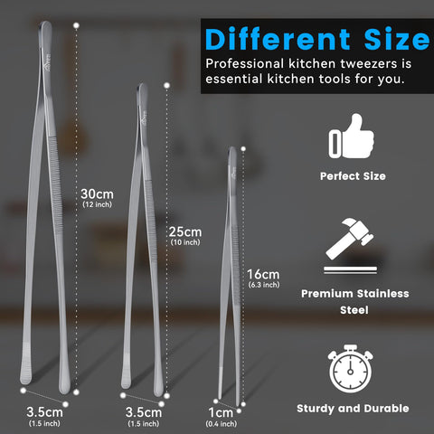 HOTEC 12-inch round-tip tweezers for safe grilling and handling large items.