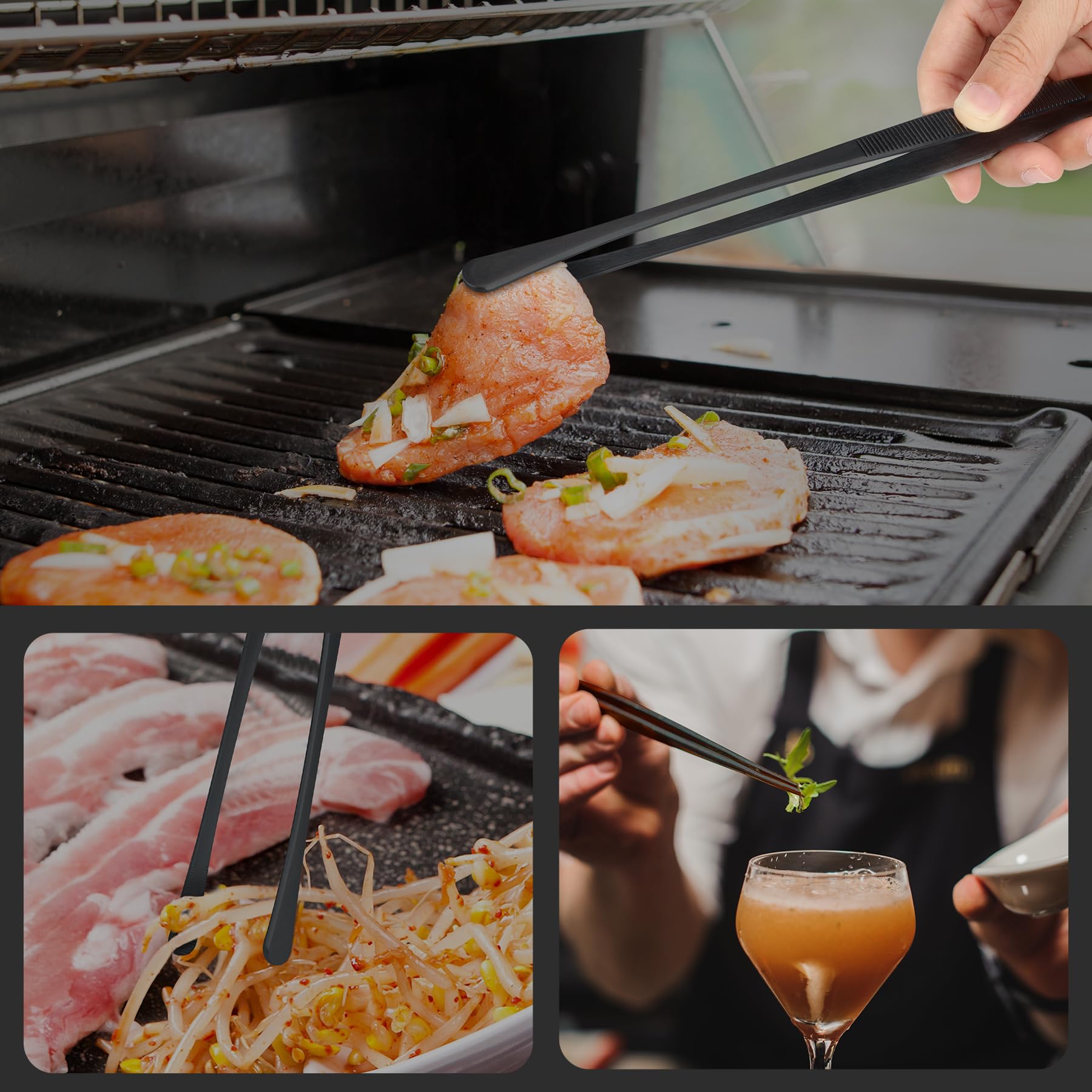 HOTEC tweezers ribbed grip for non-slip control while cooking.