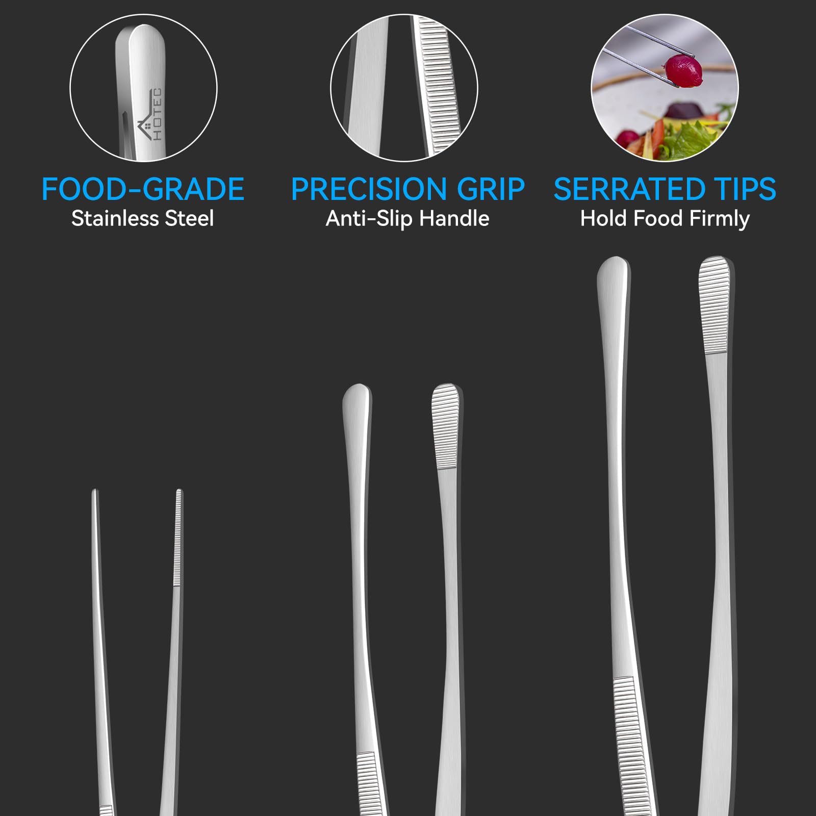 HOTEC one-piece stainless steel tweezers are dishwasher-safe for easy cleaning.