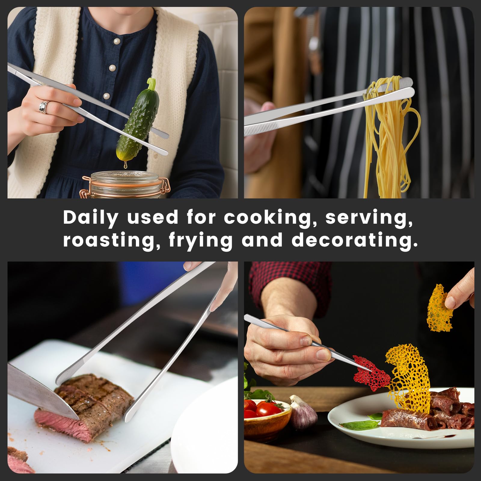 HOTEC stainless steel round-tip tweezers in action for grilling and turning.