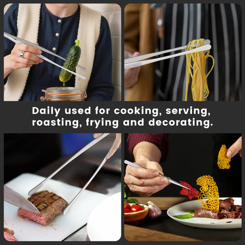 HOTEC stainless steel round-tip tweezers in action for grilling and turning.