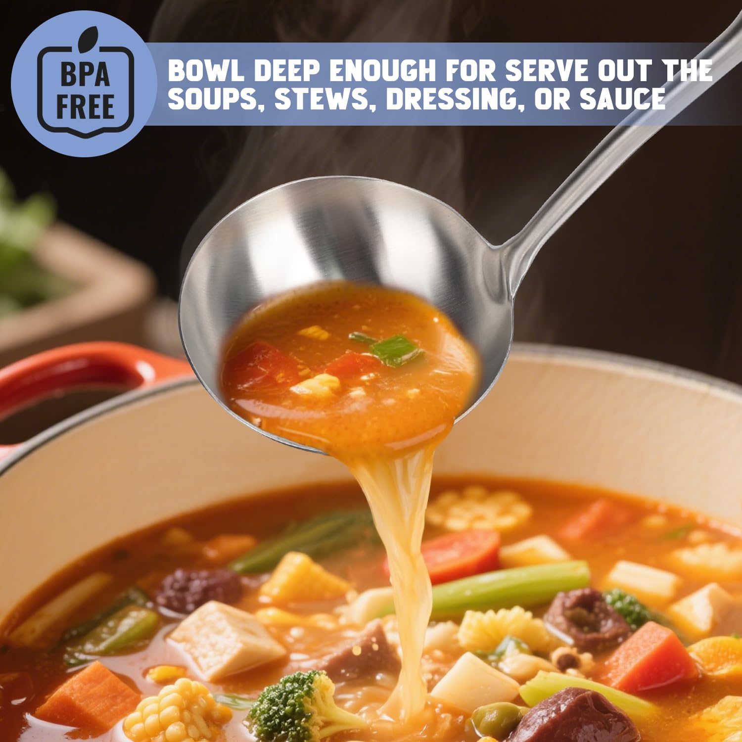 HOTEC long-handle ladle reaches deep pots for safer cooking.