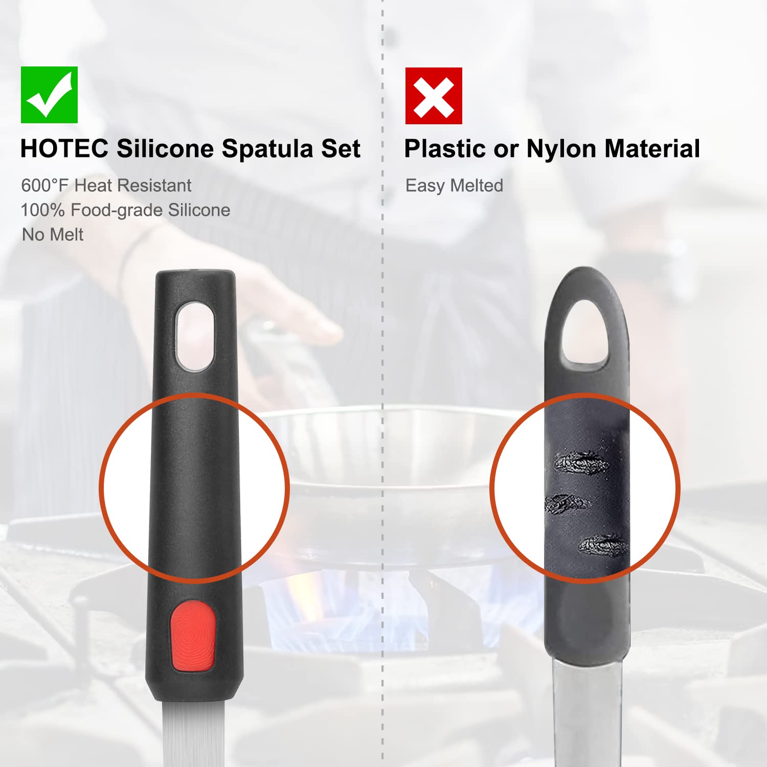 Hotec nonstick-friendly silicone head protects nonstick cookware from scratches.