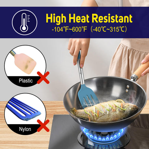 HOTEC nonstick-safe silicone spatula in blue, protects nonstick surfaces.