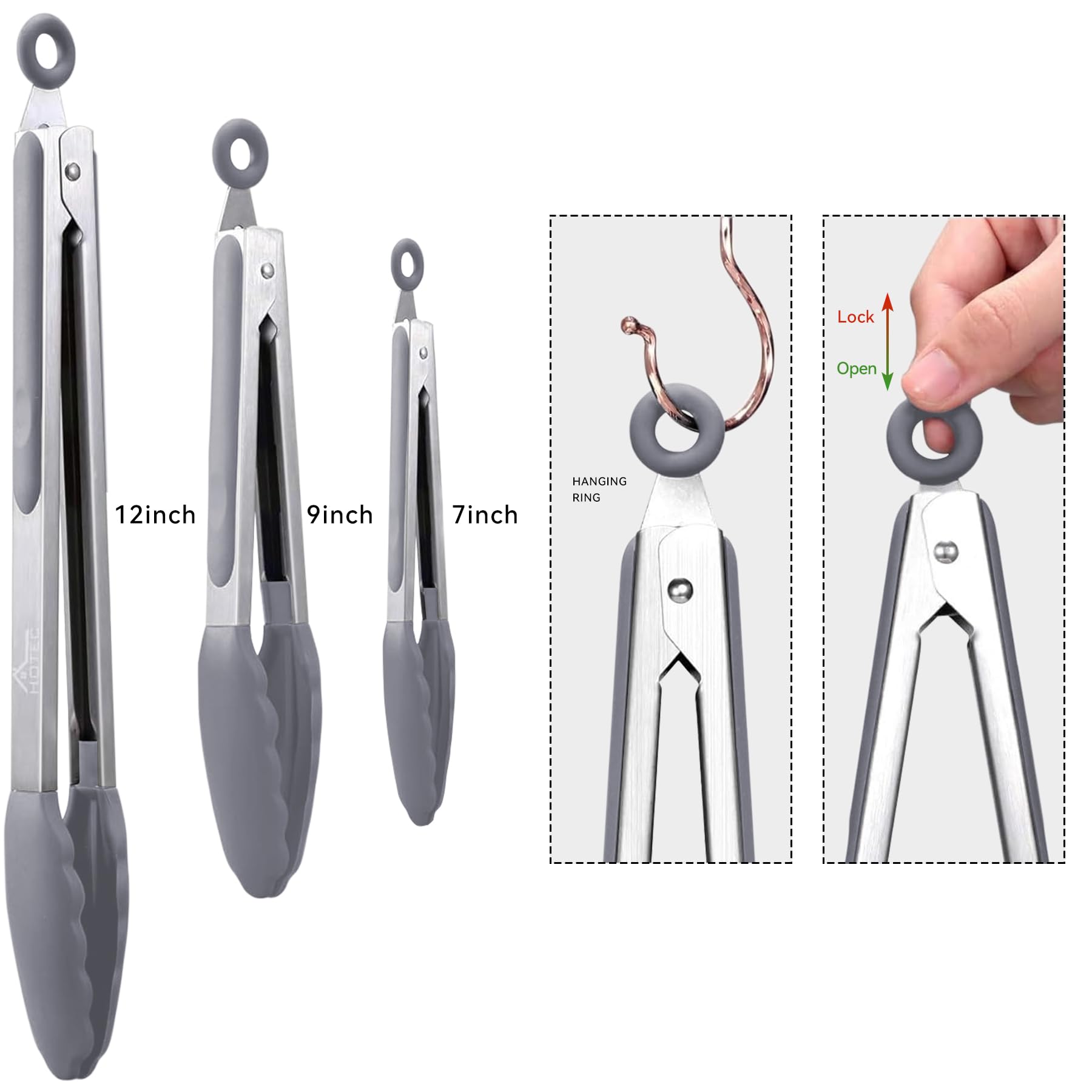 HOTEC 12-inch locking tong with heat-resistant silicone tips for grilling