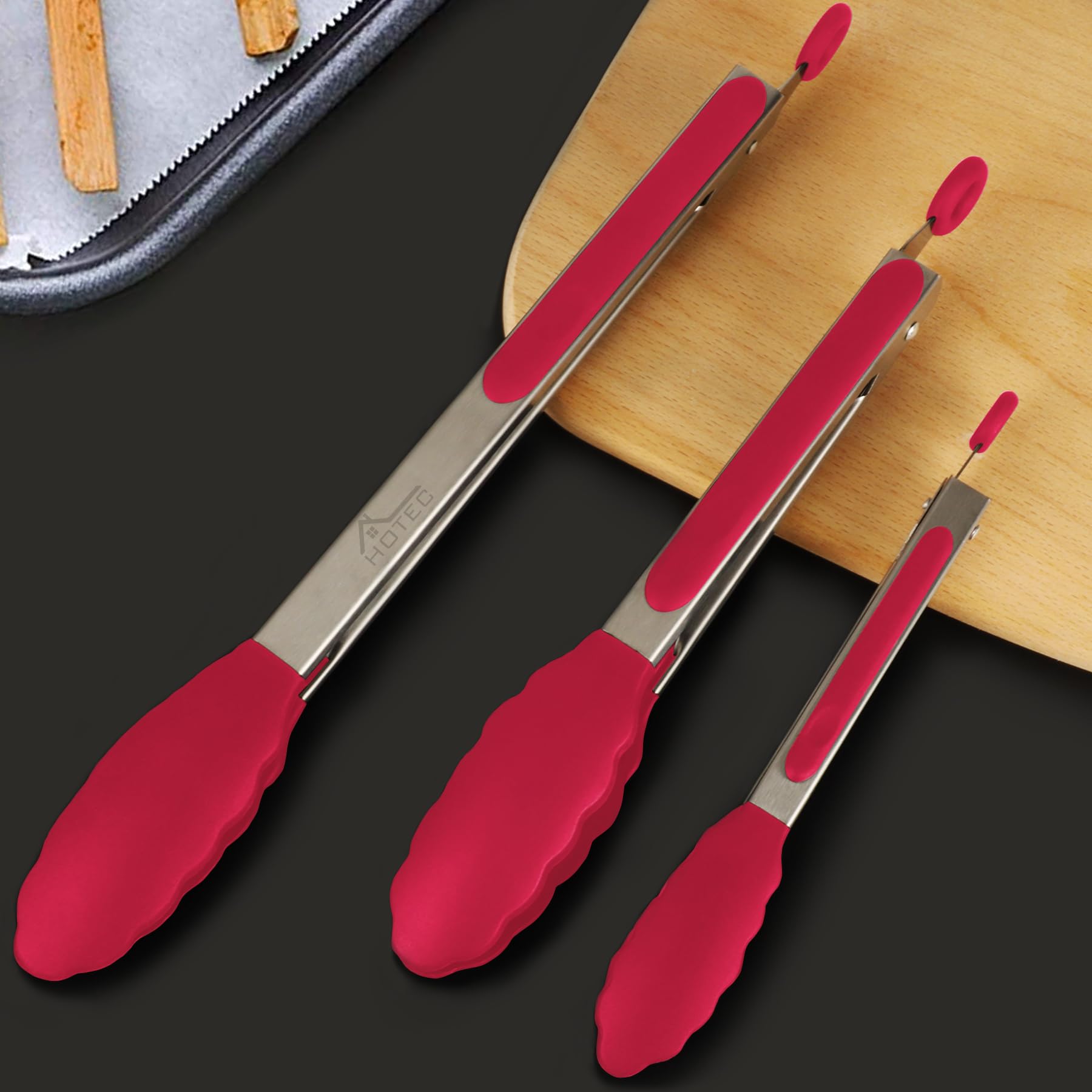 HOTEC red locking tongs ideal for grilling and flipping burgers
