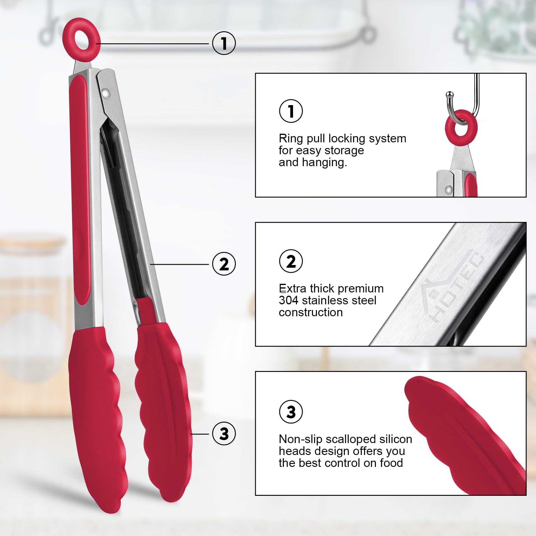 HOTEC locking tongs with hanging loop in red for easy storage