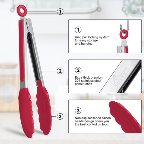 HOTEC locking tongs with hanging loop in red for easy storage