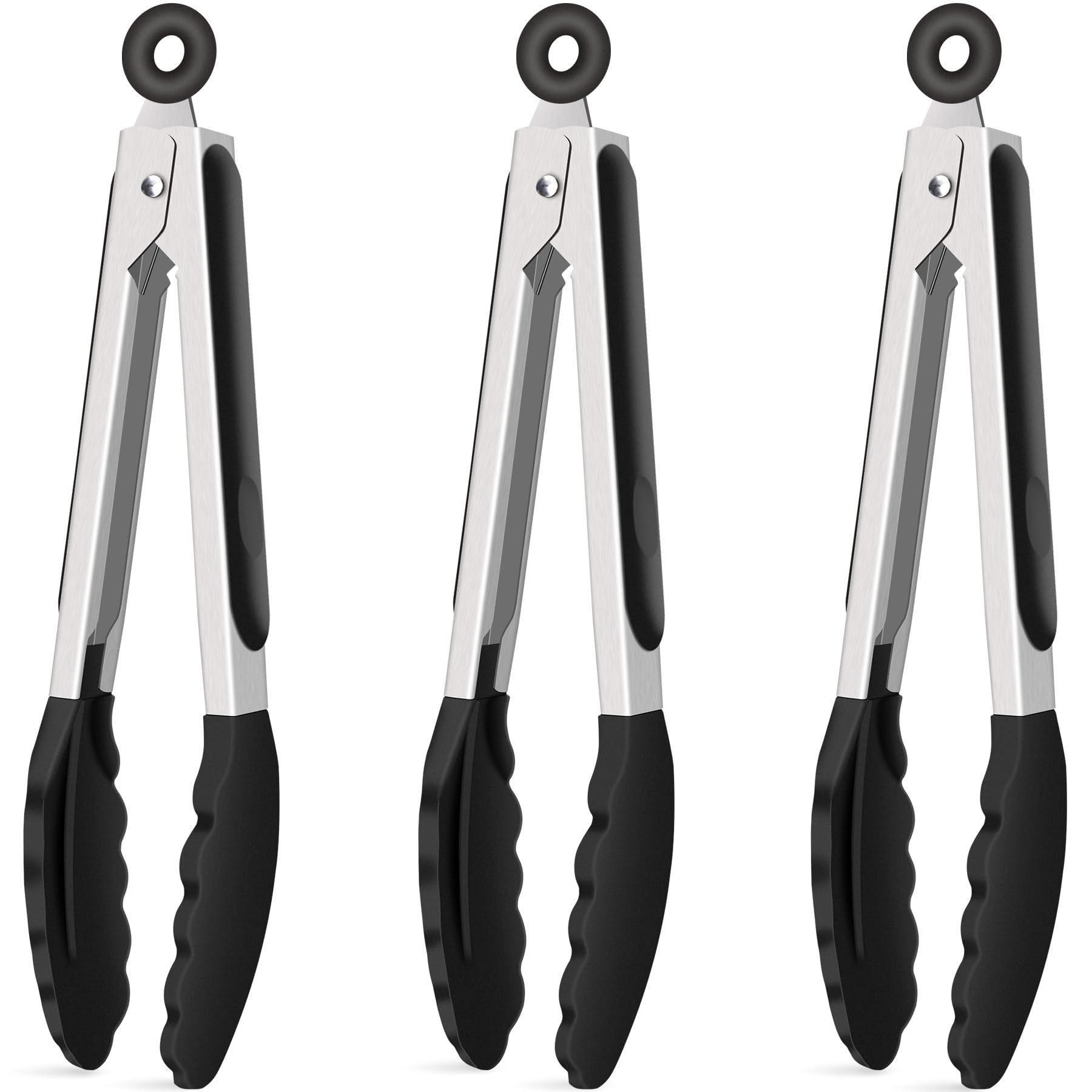 Hotec 9-inch silicone kitchen tongs set of three in black for versatile serving.