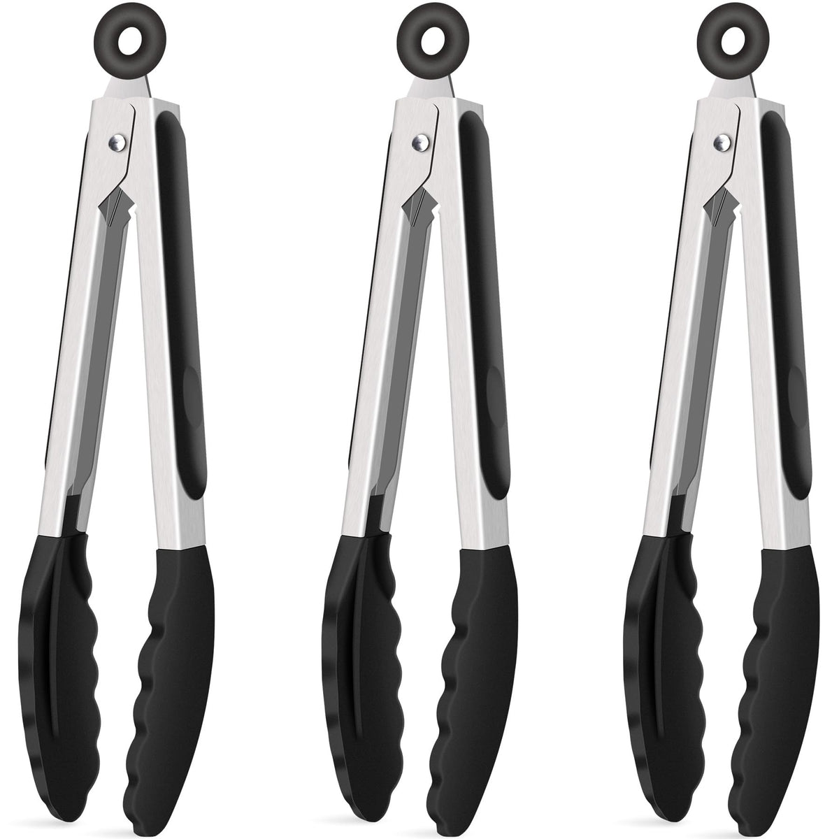 Hotec 9-inch silicone kitchen tongs set of three in black for versatile serving.