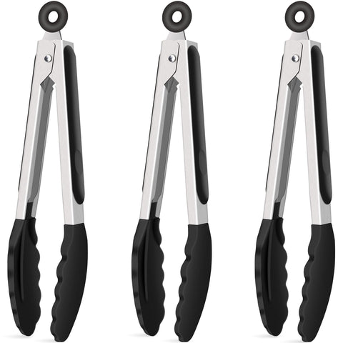 Hotec 9-inch silicone kitchen tongs set of three in black for versatile serving.