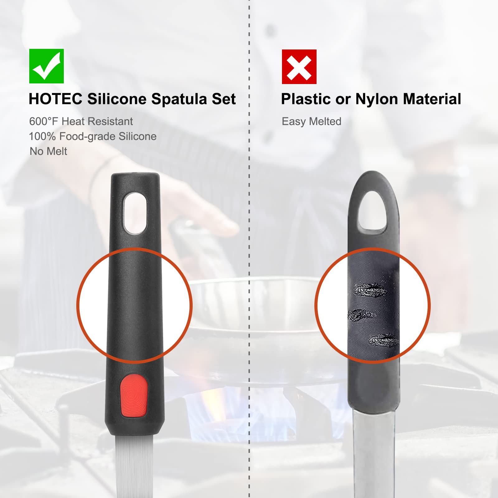 Hotec silicone spatula beveled edge slides under food with precision