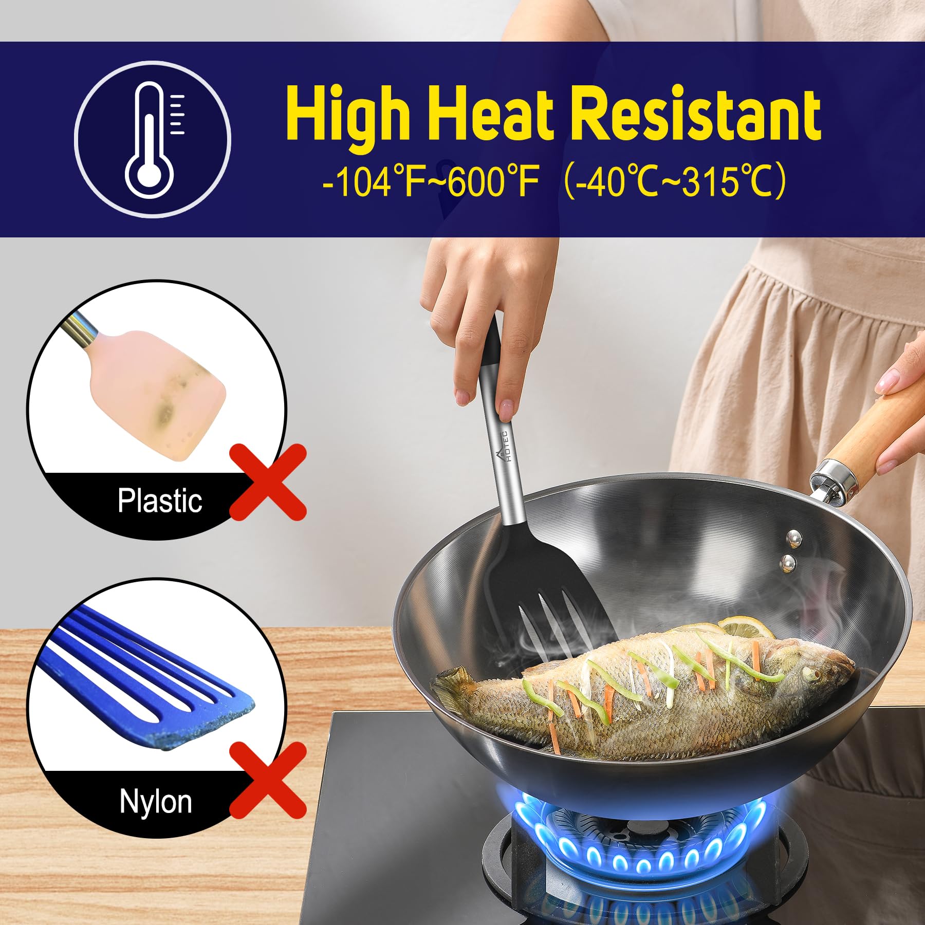 HOTEC silicone spatula gentle on nonstick surfaces and prevents scratches
