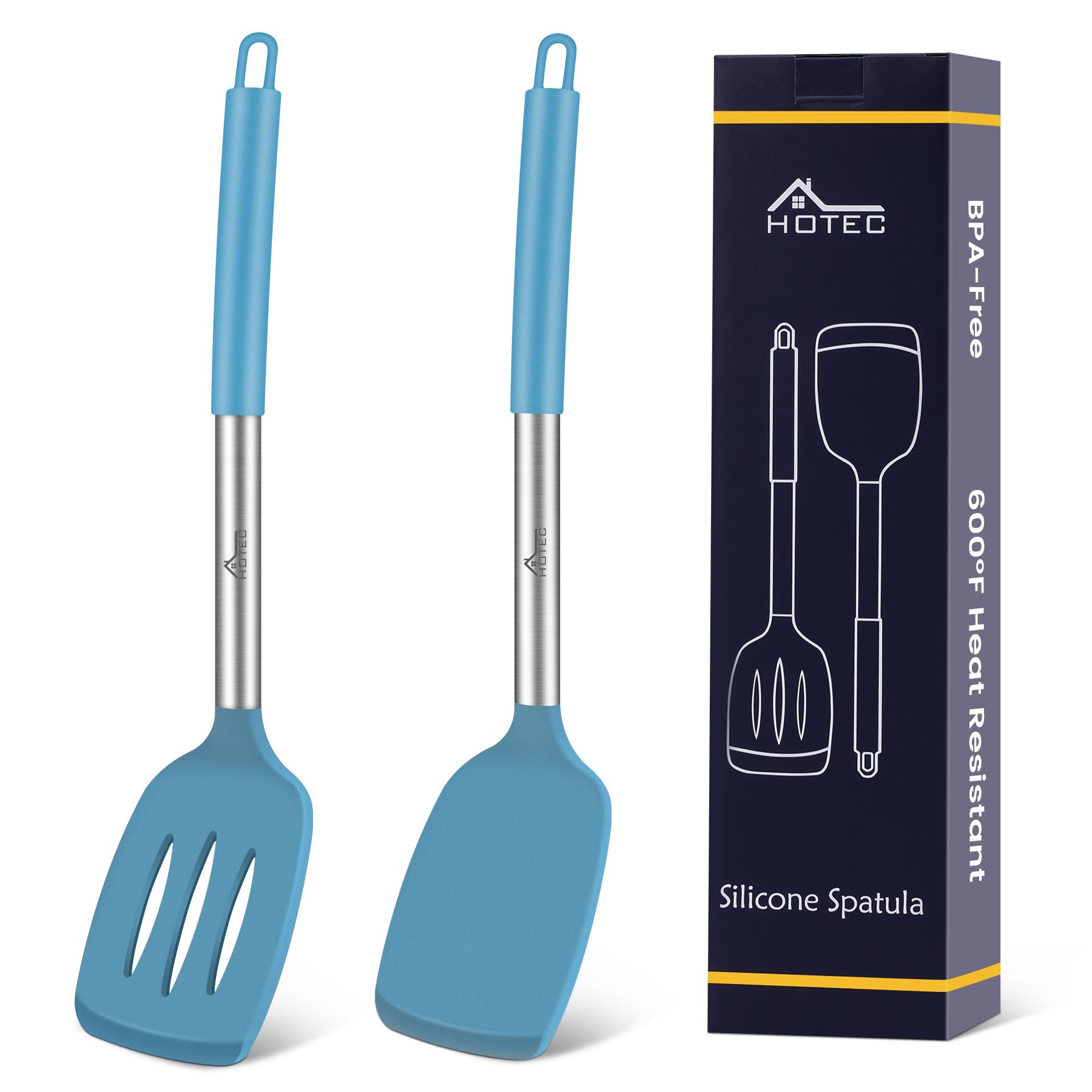 HOTEC silicone solid-turner spatula in blue, safe for nonstick cookware.