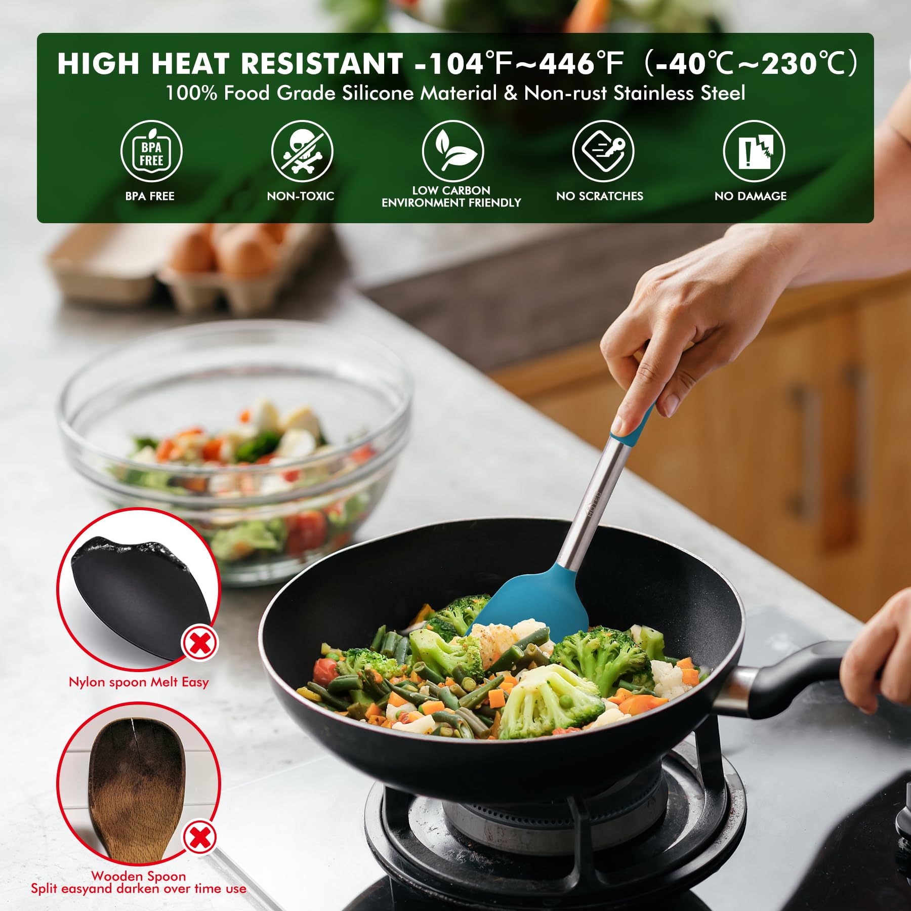 HOTEC silicone turners and spatulas resist heat safely.