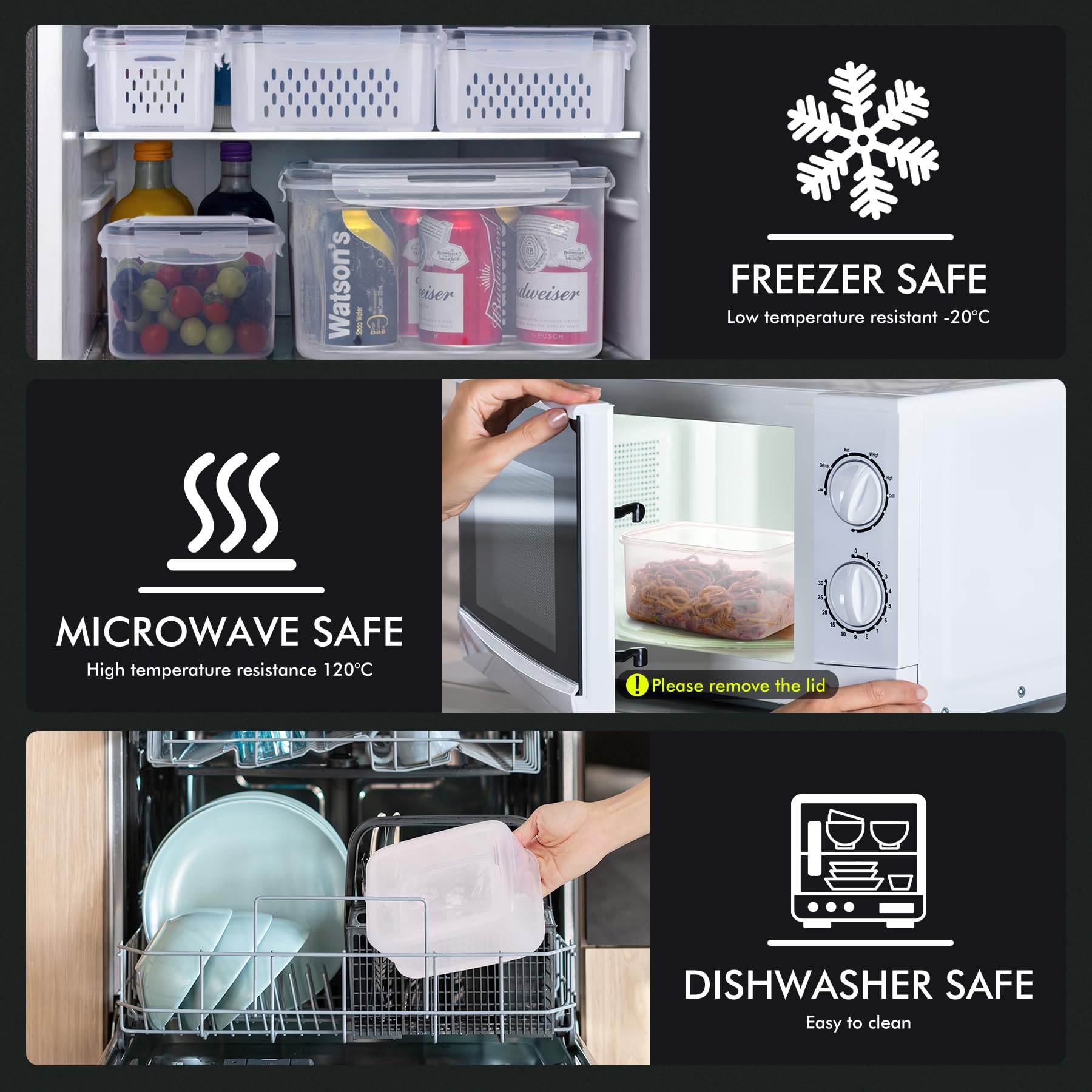 HOTEC stackable design saves space in fridge and cabinets.