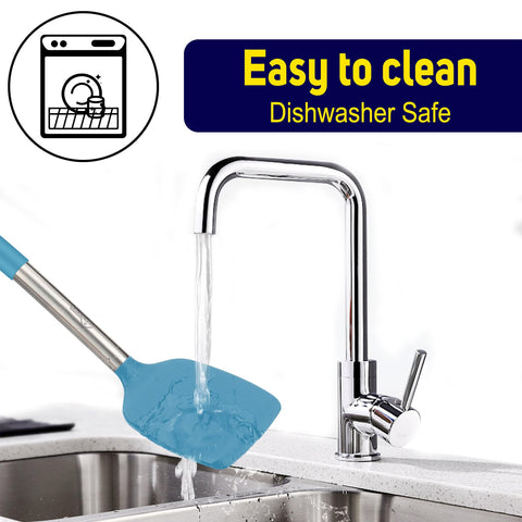 HOTEC spatula with stainless steel handle in blue, sturdy control during cooking.