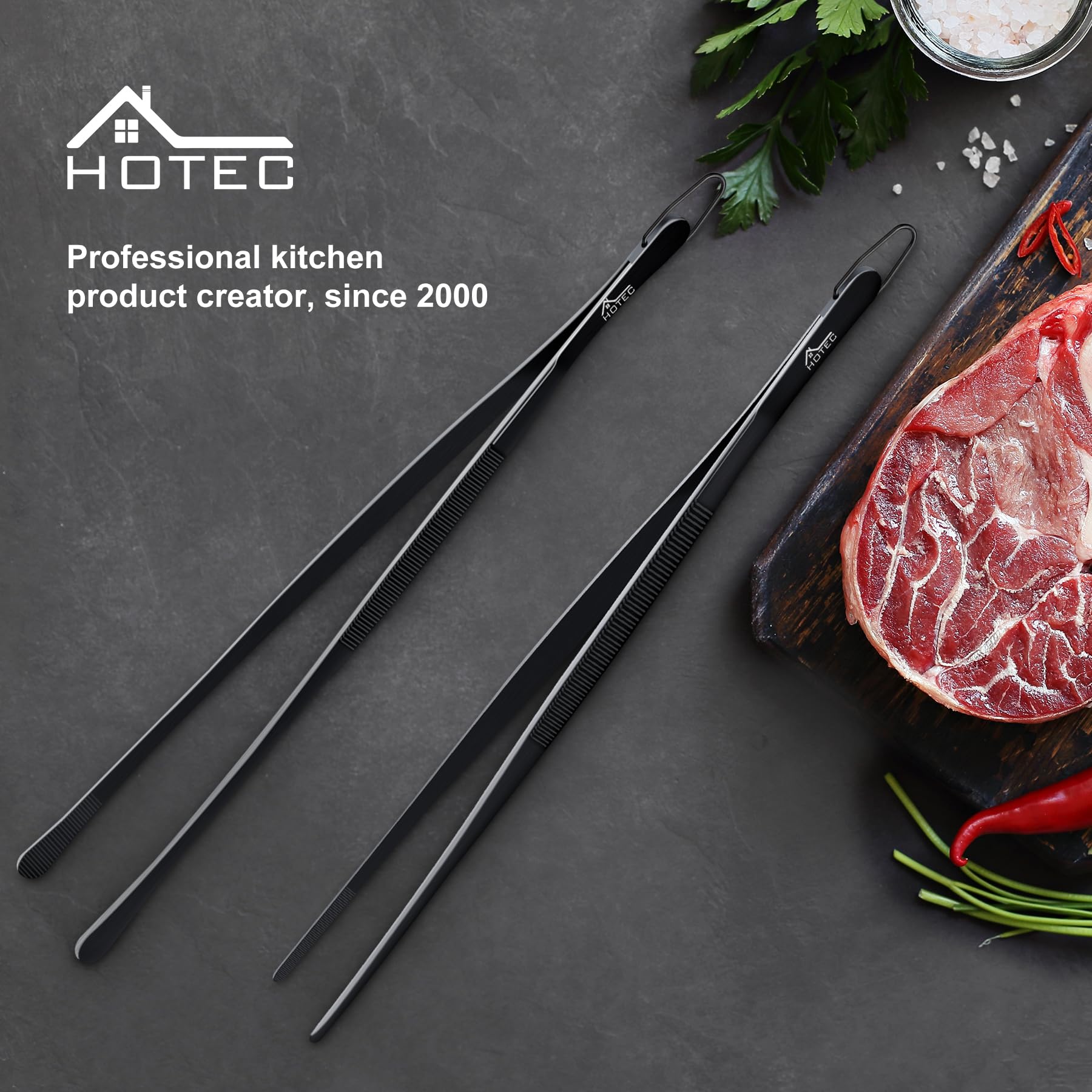 HOTEC stainless-steel tongs for grilling and serving without slipping.
