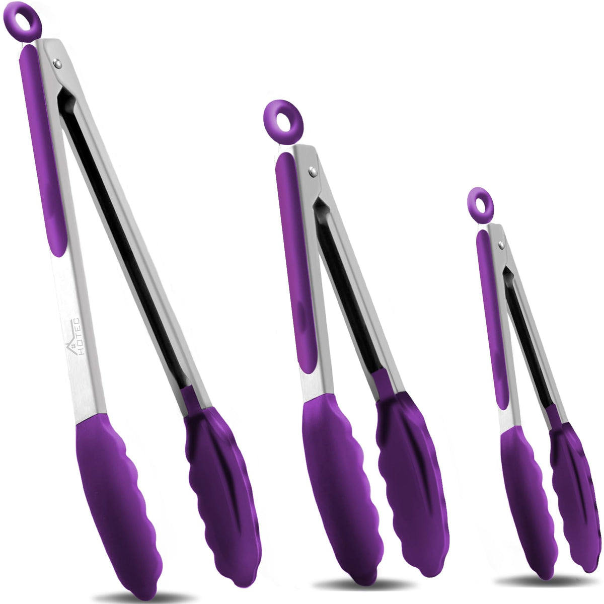 HOTEC 7-inch tongs with silicone tips for precise control and scratch-free cooking.