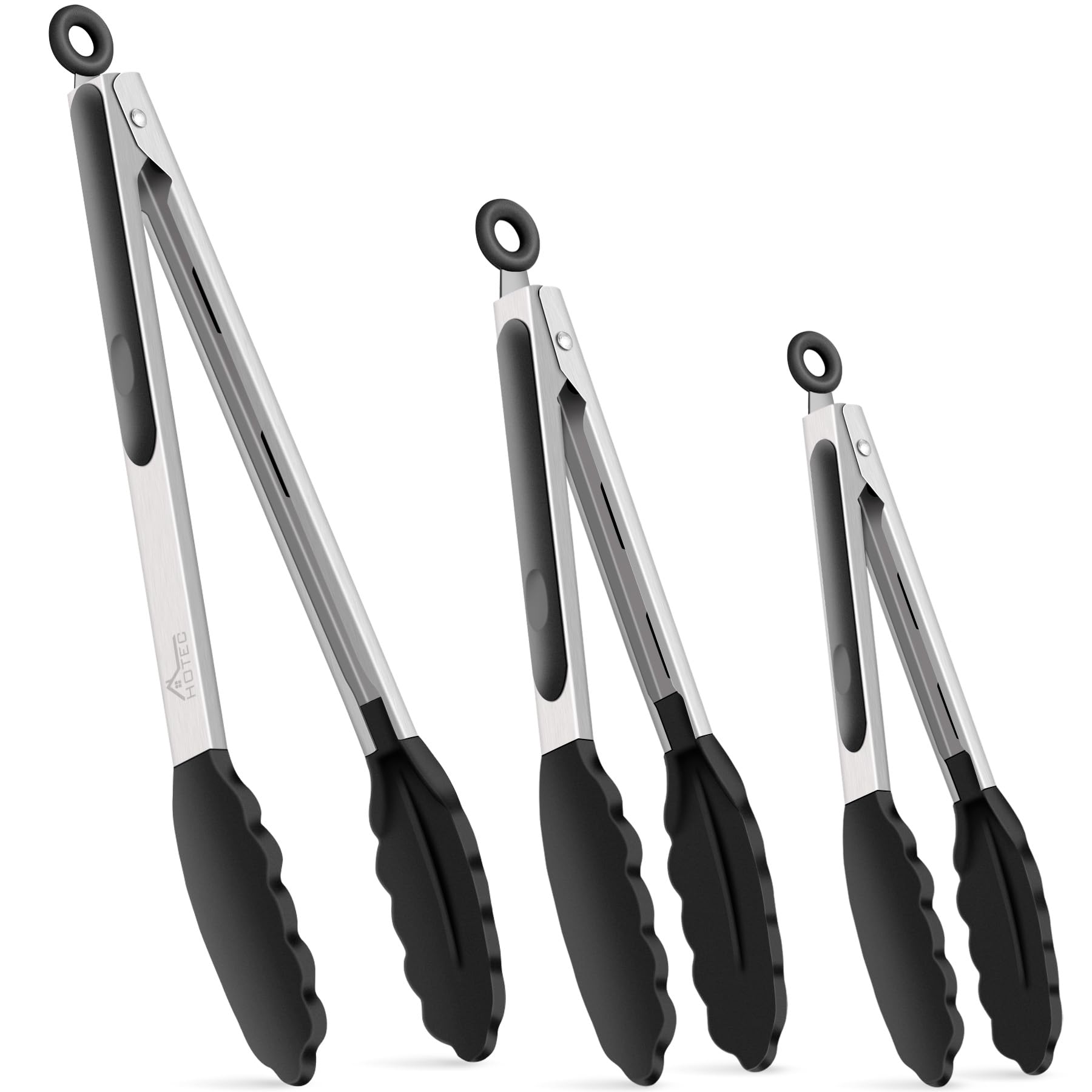 HOTEC 7-inch locking tongs with ring for precise flips and easy storage.