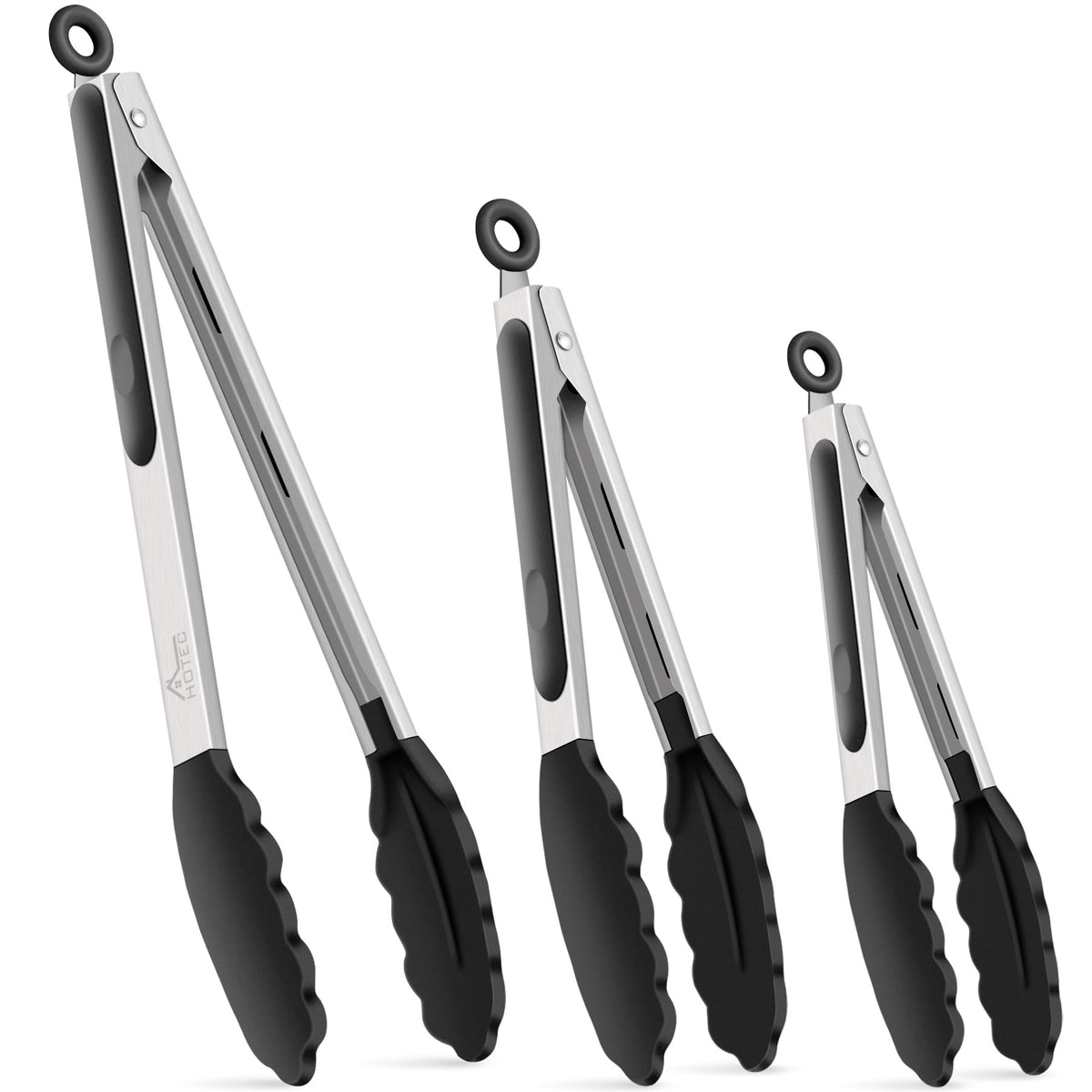HOTEC 7-inch locking tongs with ring for precise flips and easy storage.