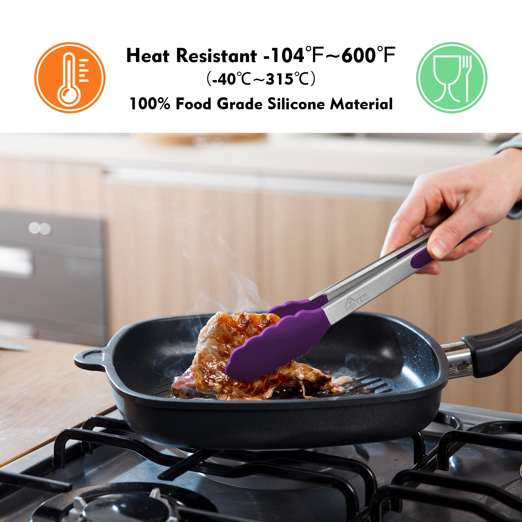 HOTEC 9-inch tongs with silicone tips for steady flipping and serving.