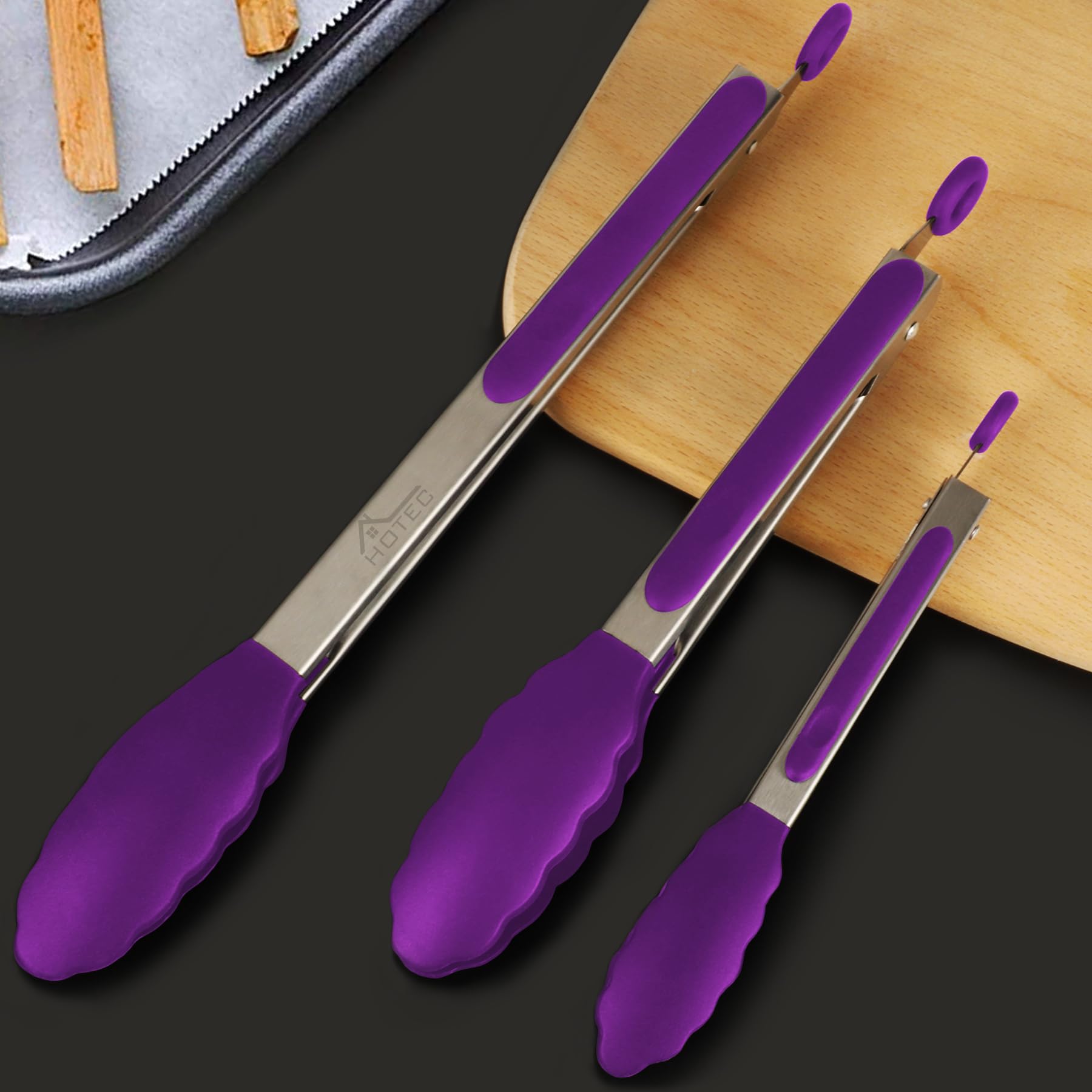 HOTEC purple finish tongs add color to kitchen tools while remaining durable.