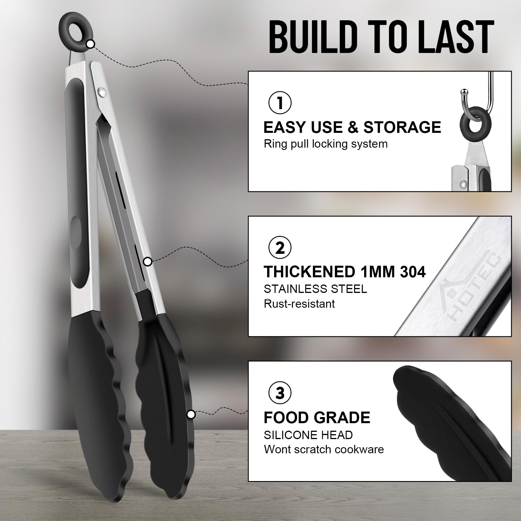 HOTEC silicone-tips tongs protect cookware surfaces during cooking.