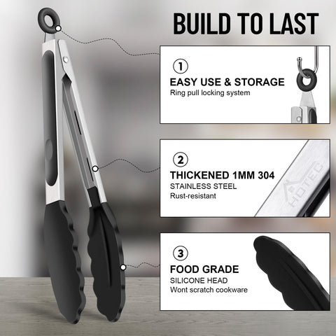 HOTEC silicone-tips tongs protect cookware surfaces during cooking.