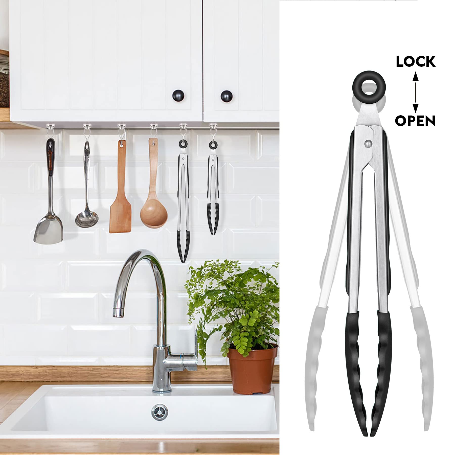 HOTEC storage-loop tongs hang neatly for quick access.