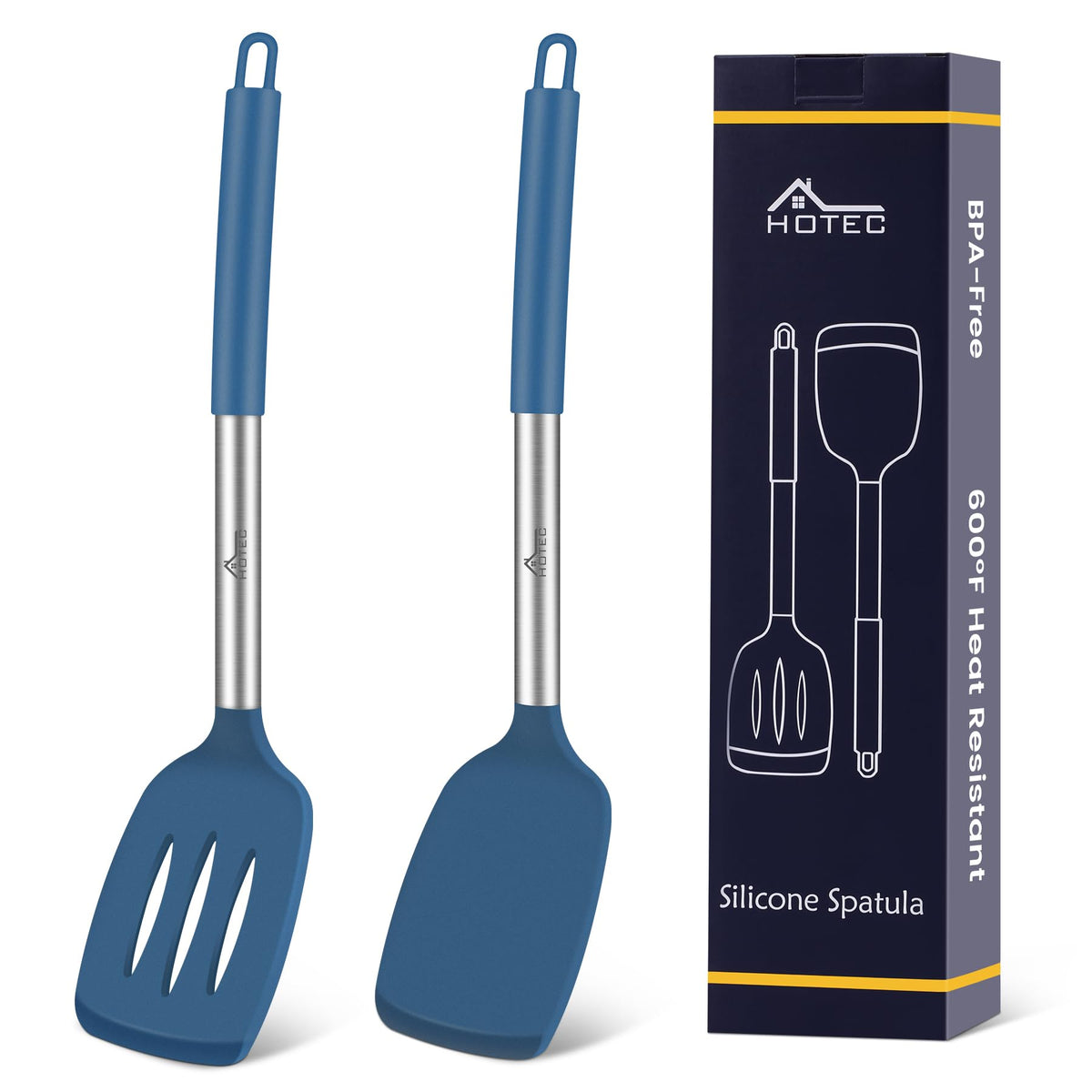HOTEC solid blue silicone spatula ready for gentle flipping on nonstick pans