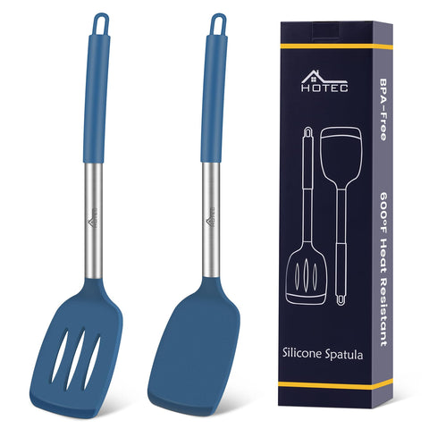 HOTEC solid blue silicone spatula ready for gentle flipping on nonstick pans