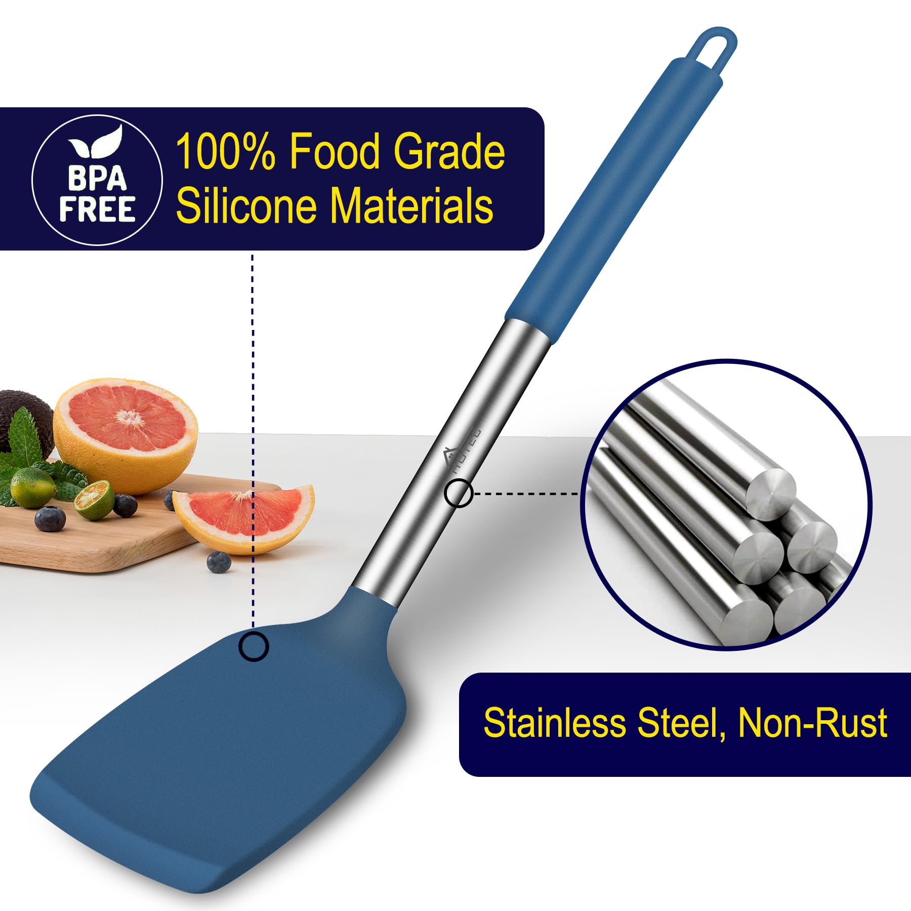 HOTEC blue spatula with stainless steel handle offering stable, precise control