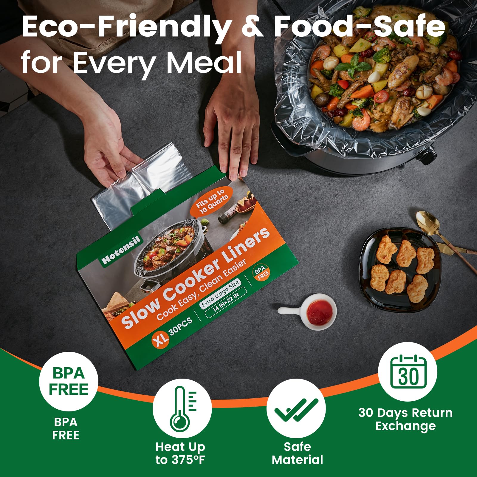 Hotensil BPA-free liner withstands high heat for safe simmering and storage.