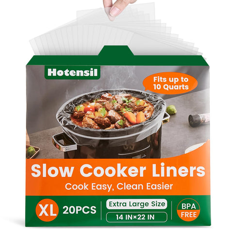 Hotensil slow cooker liner 14x22 in use inside a 6–10 quart pot for mess-free cooking.