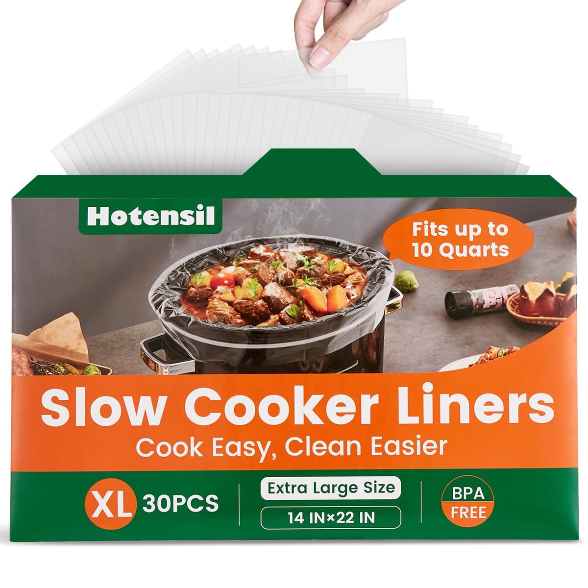 Hotensil slow cooker liner packaging shows easy pull-out design for quick use.