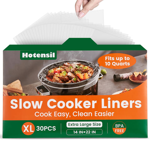 Hotensil slow cooker liner packaging shows easy pull-out design for quick use.