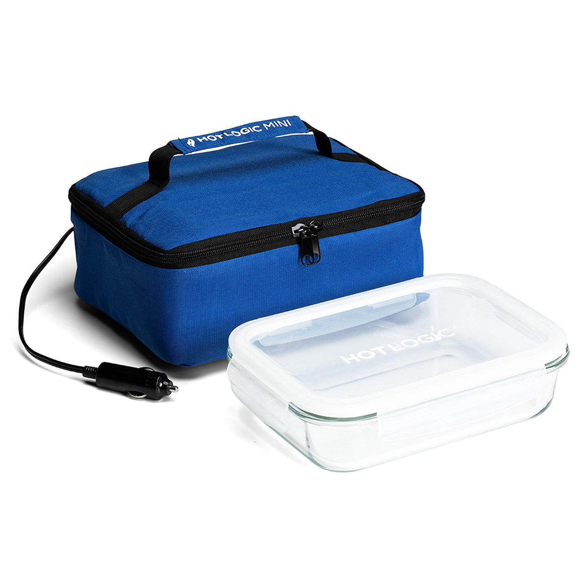 HOTLOGIC Mini blue lunch box on desk warming a healthy meal.