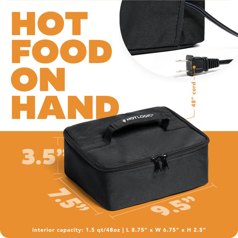 HOTLOGIC Mini compact-black design emphasizes discreet, travel-friendly lunch warming.