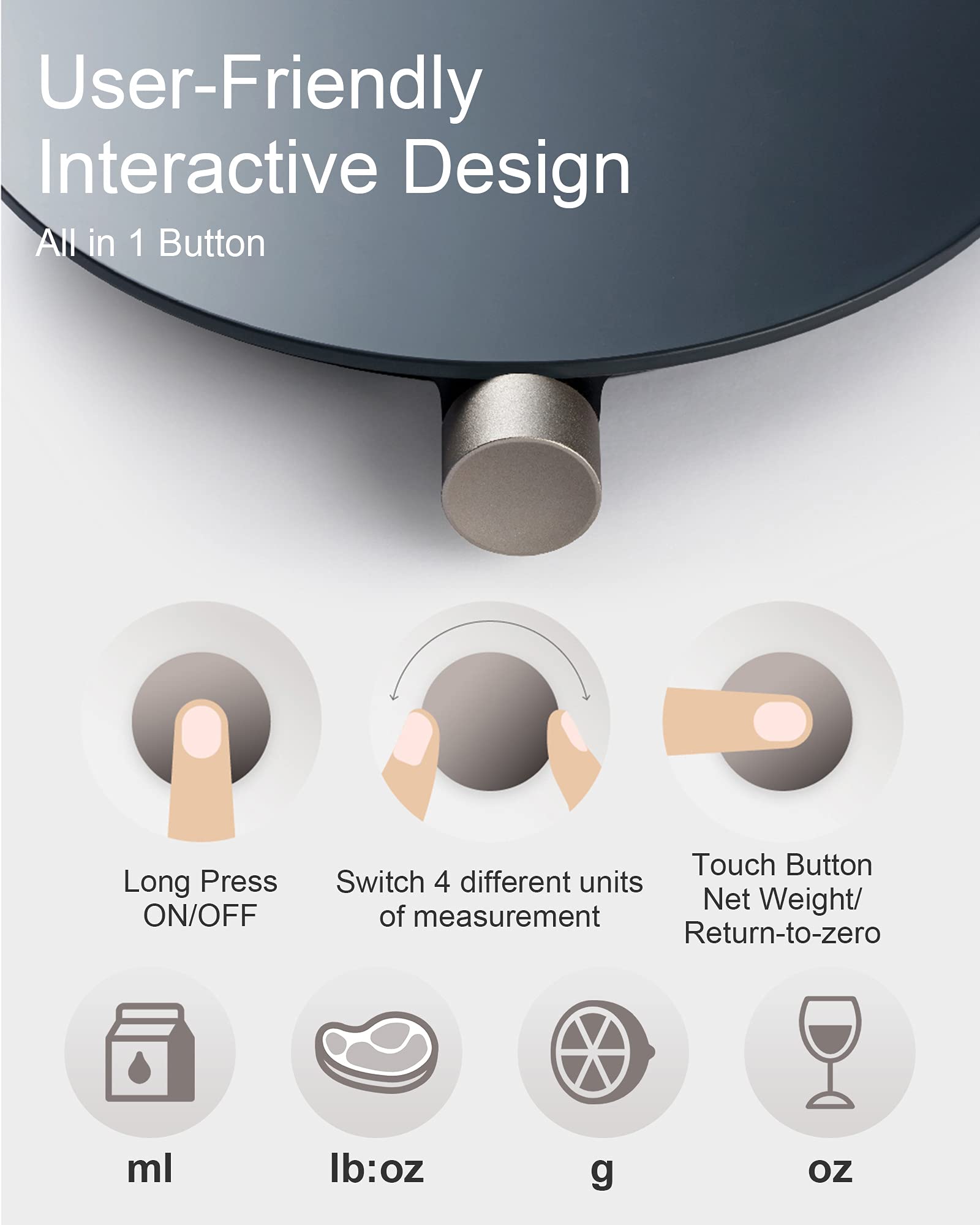 HOTO Scale supports g, ml, oz, lb for versatile measuring.