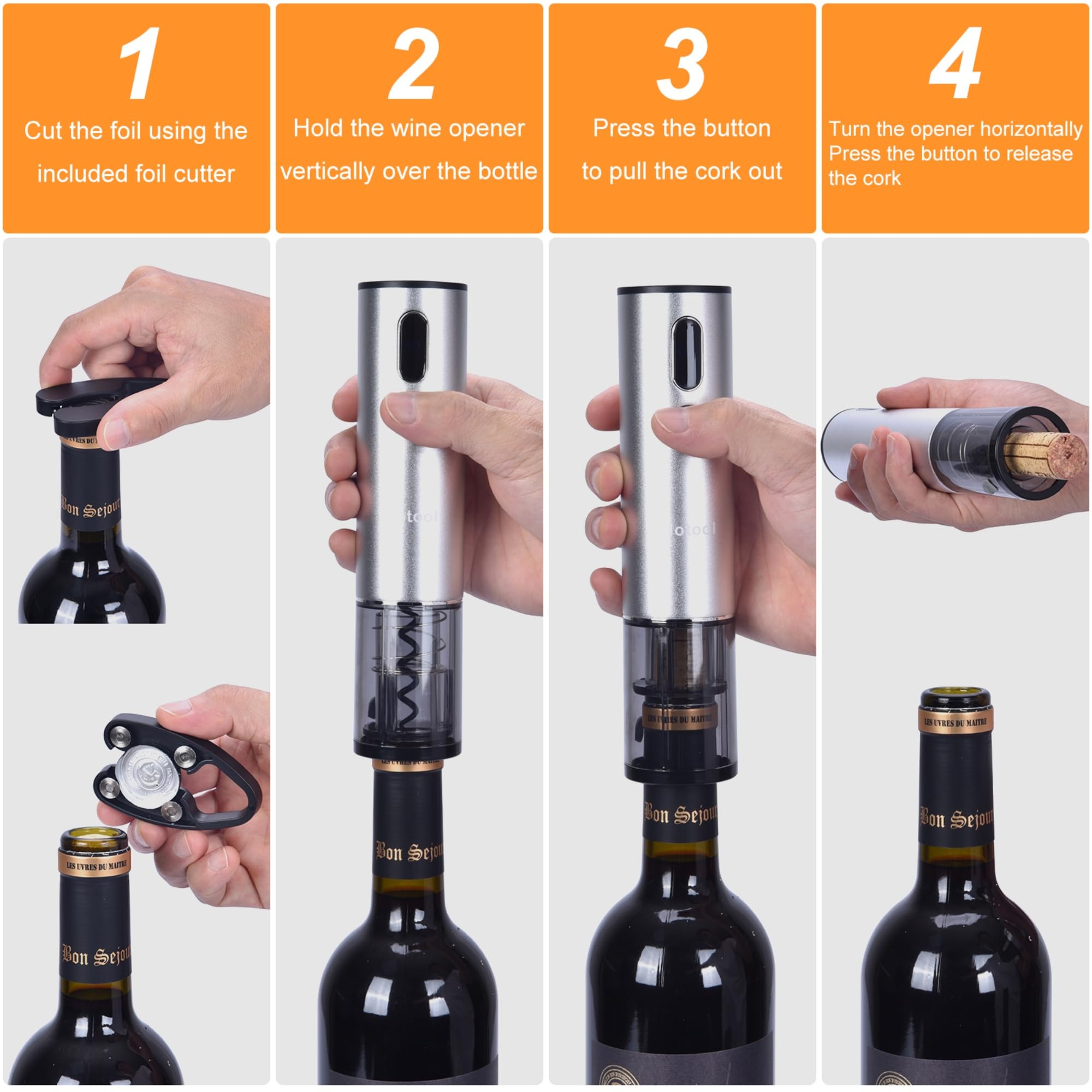 Hotool electric wine opener cork removal demonstrating hands-free cork extraction