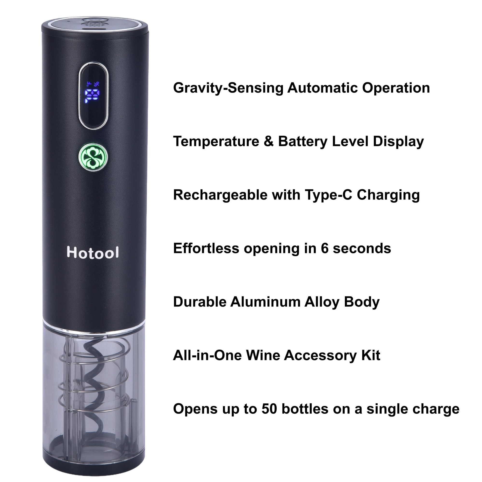 Hotool battery and temperature display helps serve wine at ideal temp