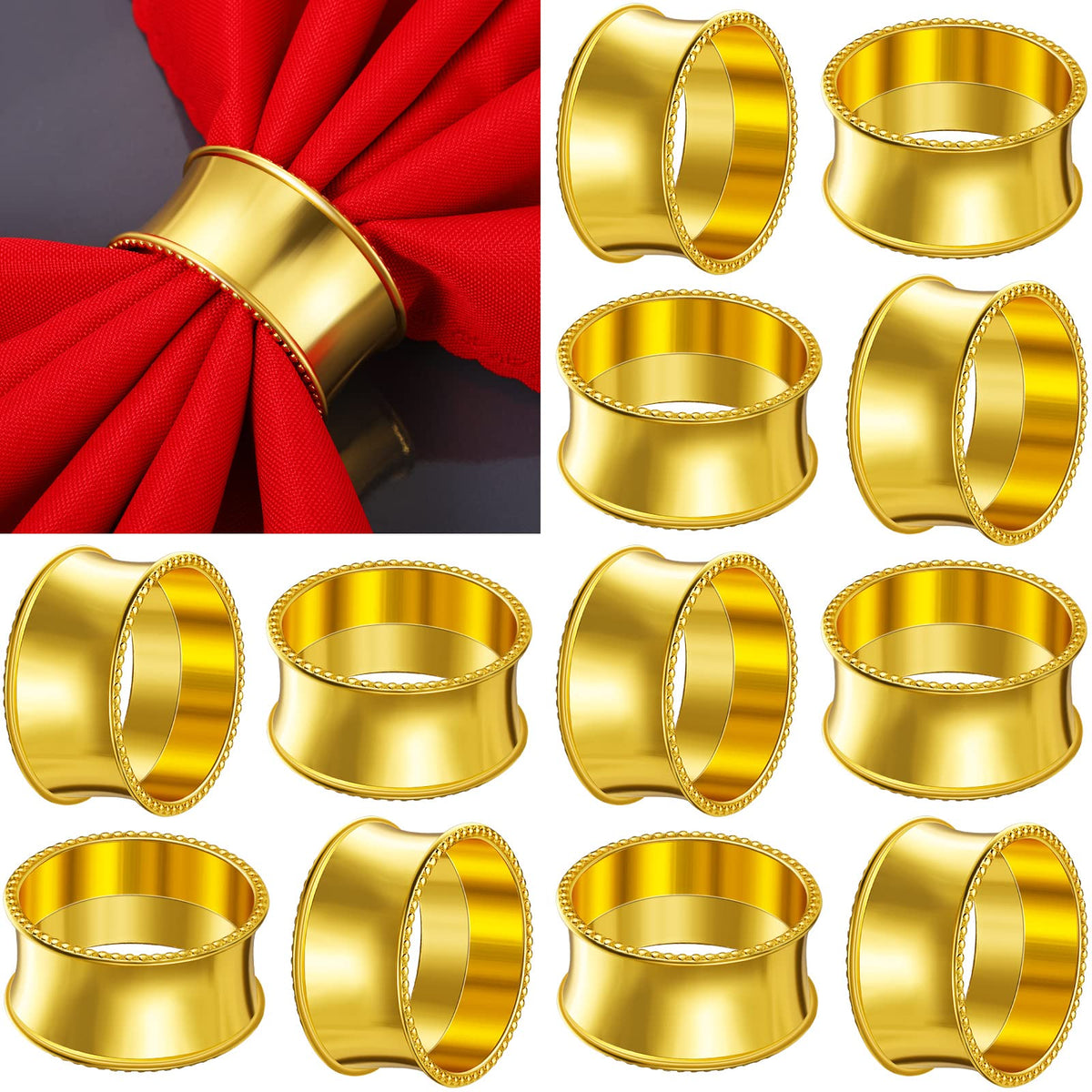 Hotop 8-pack gold napkin rings with beaded rim for elegant table decor