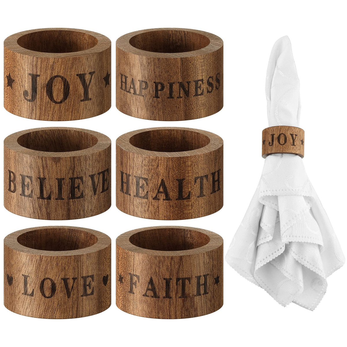 Hotop wooden napkin rings set of 6 with six festive designs decorate holiday tables.