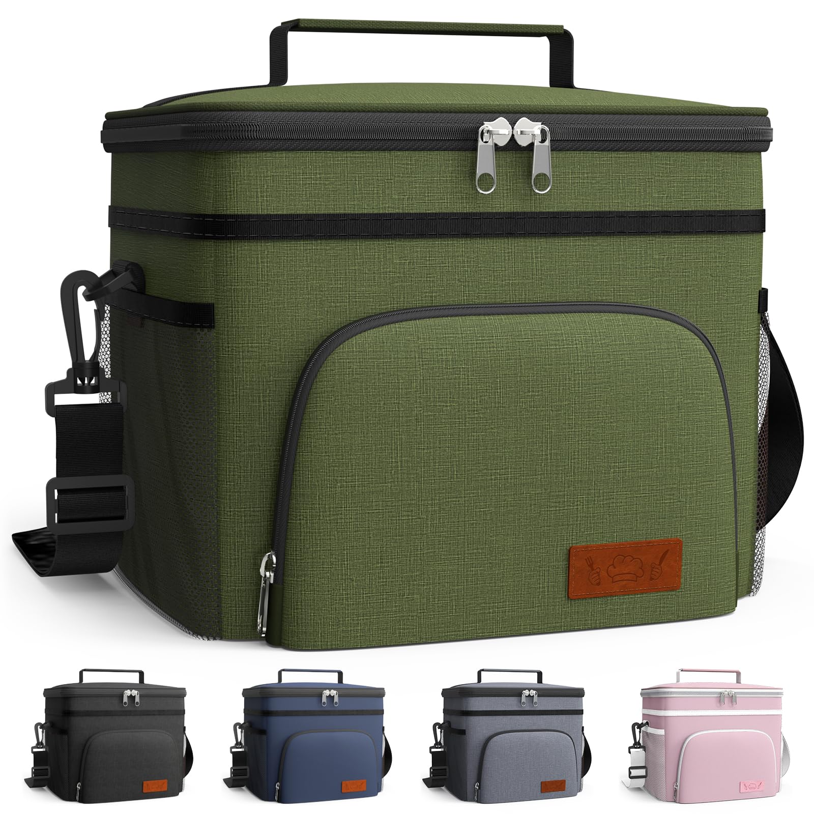 HOTOR insulated lunch box in green, front view with front pocket for easy access.