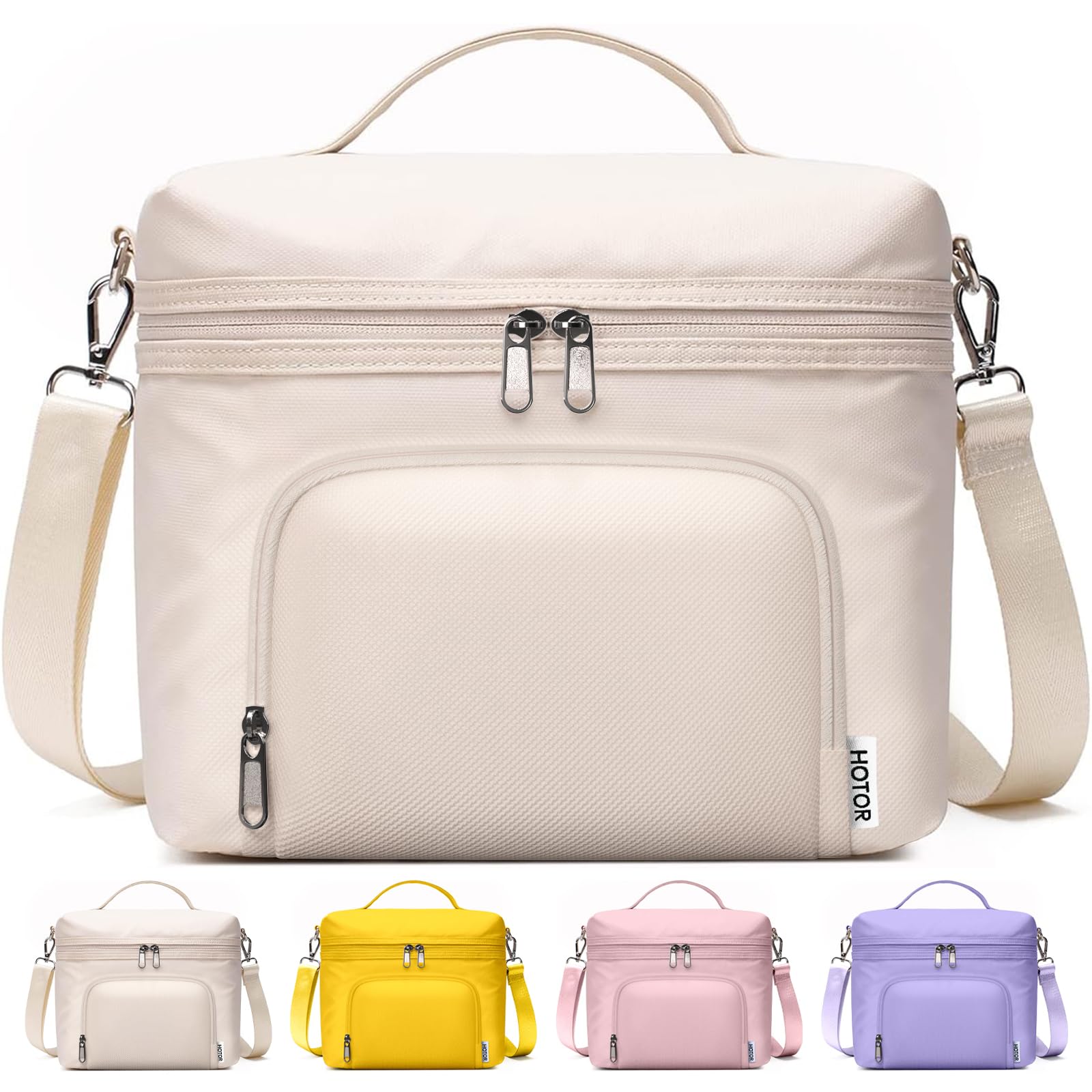 HOTOR Lunch Box for Women beige front view showcases elegant PU leather and professional style.